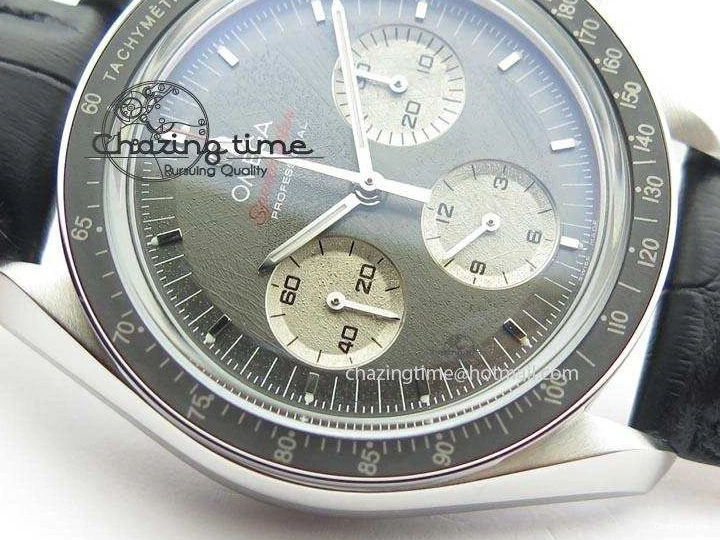 0322 Minimalist Speedmaster Apollo XVII Gray Dial On Black Leather Strap Manual Winding Chrono Movement 8222